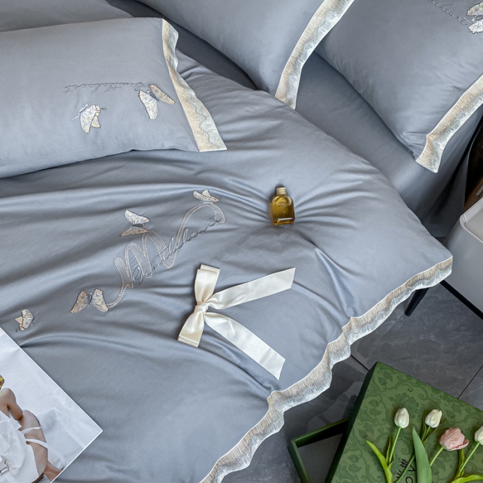 91家纺网 家纺一手货源 找家纺 安妮家居 2022新款全棉刺绣四件套-碟之恋 浅灰