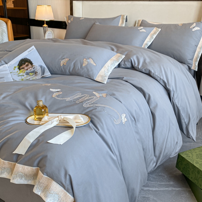 91家纺网 家纺一手货源 找家纺 安妮家居 2022新款全棉刺绣四件套-碟之恋 浅灰