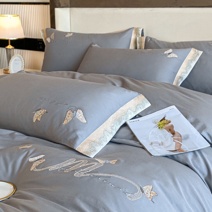91家纺网 家纺一手货源 找家纺 安妮家居 2022新款全棉刺绣四件套-碟之恋 浅灰