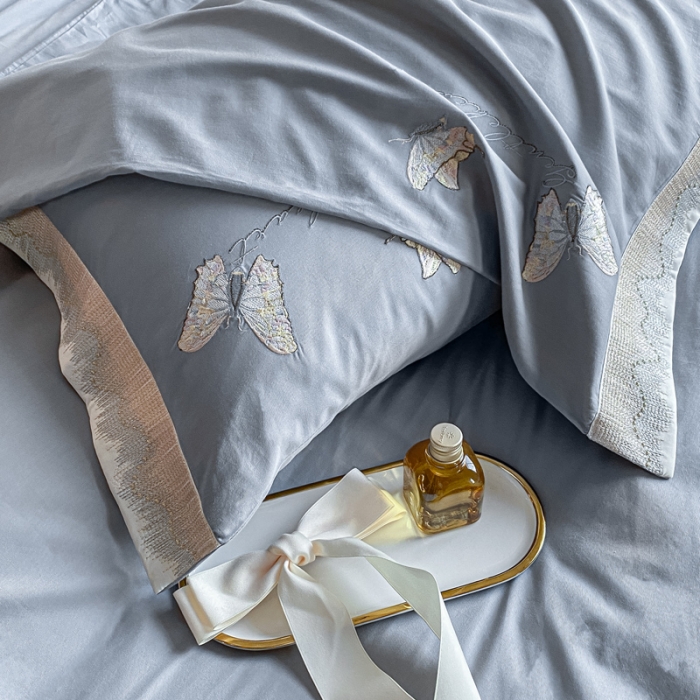 91家纺网 家纺一手货源 找家纺 安妮家居 2022新款全棉刺绣四件套-碟之恋 浅灰