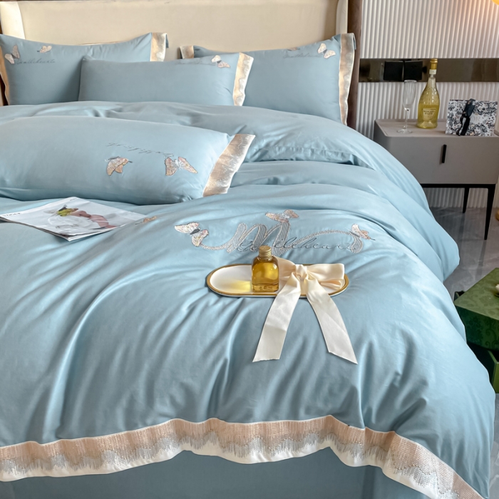 91家纺网 家纺一手货源 找家纺 安妮家居 2022新款全棉刺绣四件套-碟之恋 天蓝