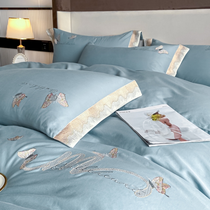 91家纺网 家纺一手货源 找家纺 安妮家居 2022新款全棉刺绣四件套-碟之恋 天蓝