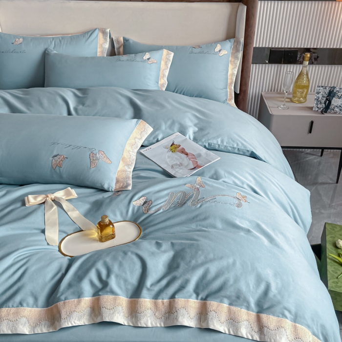 91家纺网 家纺一手货源 找家纺 安妮家居 2022新款全棉刺绣四件套-碟之恋 天蓝