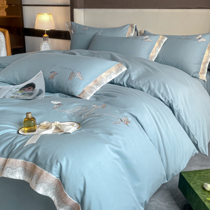 91家纺网 家纺一手货源 找家纺 安妮家居 2022新款全棉刺绣四件套-碟之恋 天蓝