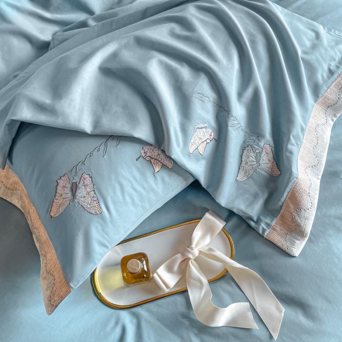 91家纺网 家纺一手货源 找家纺 安妮家居 2022新款全棉刺绣四件套-碟之恋 天蓝