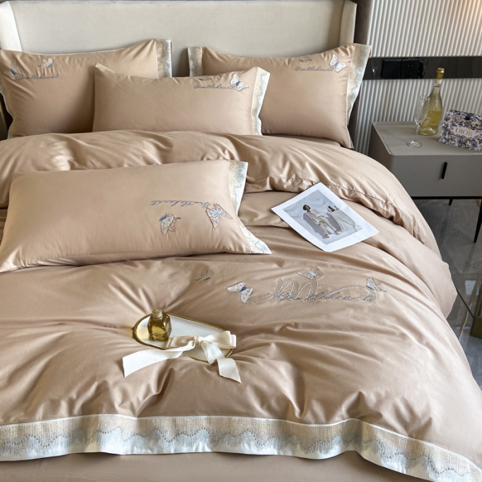 91家纺网 家纺一手货源 找家纺 安妮家居 2022新款全棉刺绣四件套-碟之恋 香槟