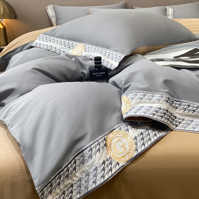 91家纺网 家纺一手货源 找家纺 安妮家居 2022新款全棉刺绣四件套-妮可 浅灰