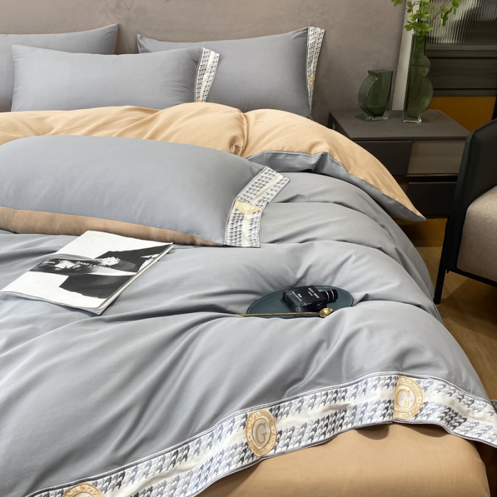 91家纺网 家纺一手货源 找家纺 安妮家居 2022新款全棉刺绣四件套-妮可 浅灰