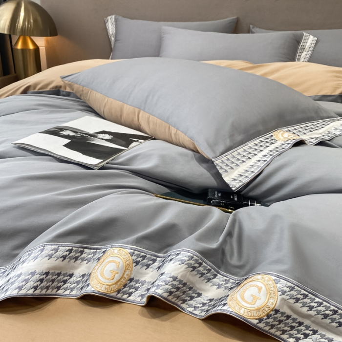 91家纺网 家纺一手货源 找家纺 安妮家居 2022新款全棉刺绣四件套-妮可 浅灰