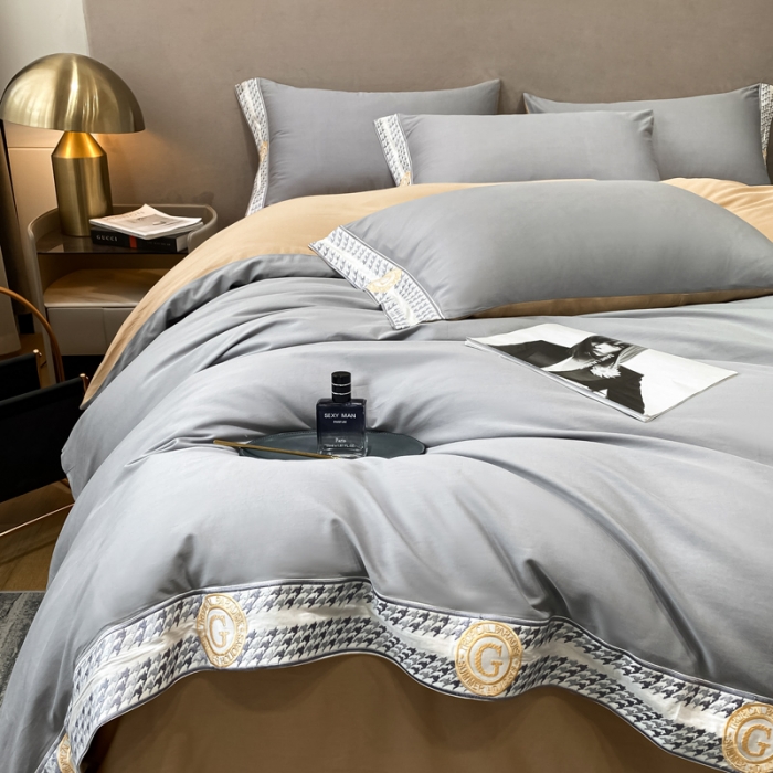 91家纺网 家纺一手货源 找家纺 安妮家居 2022新款全棉刺绣四件套-妮可 浅灰