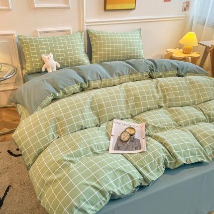 91家纺网 家纺一手货源 找家纺 卡斯诺2025新款纽扣款四件套 浅绿小格