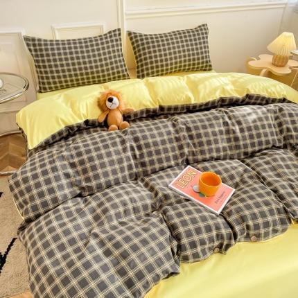 91家纺网 家纺一手货源 找家纺 卡斯诺2025新款纽扣款四件套 深灰黄格