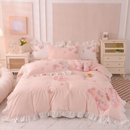 91家纺网 家纺一手货源 找家纺 迪欧芙2023新款纯棉全棉水洗棉刺绣工艺款四件套艾莉丝-粉