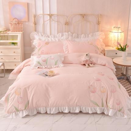 91家纺网 家纺一手货源 找家纺 迪欧芙 2023新款纯棉全棉水洗棉刺绣工艺款四件套艾薇-粉