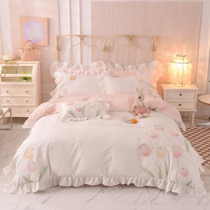 91家纺网 家纺一手货源 找家纺 迪欧芙 2023新款纯棉全棉水洗棉刺绣工艺款四件套 艾薇-奶油白