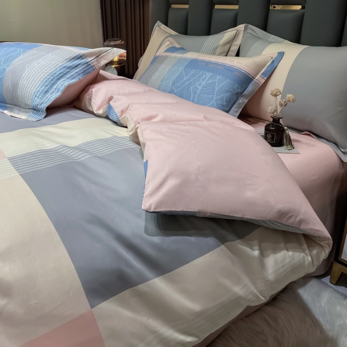 91家纺网 家纺一手货源 找家纺 金爱家 2023新款全棉13372简约条格四件套 丽瑞-粉