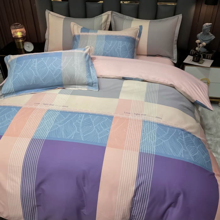 91家纺网 家纺一手货源 找家纺 金爱家 2023新款全棉13372简约条格四件套 丽瑞-粉