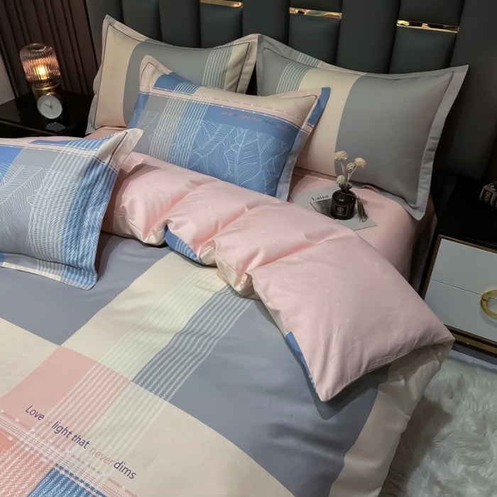 91家纺网 家纺一手货源 找家纺 金爱家 2023新款全棉13372简约条格四件套 丽瑞-粉