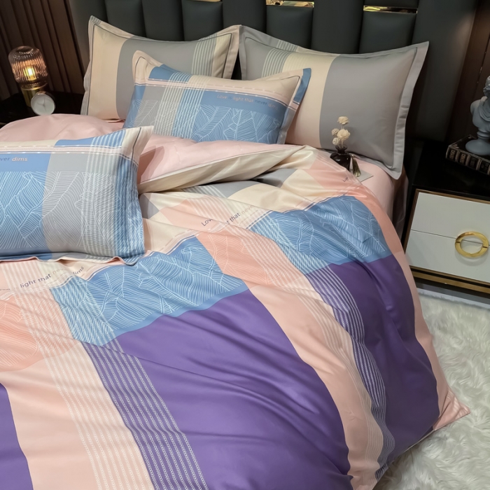 91家纺网 家纺一手货源 找家纺 金爱家 2023新款全棉13372简约条格四件套 丽瑞-粉