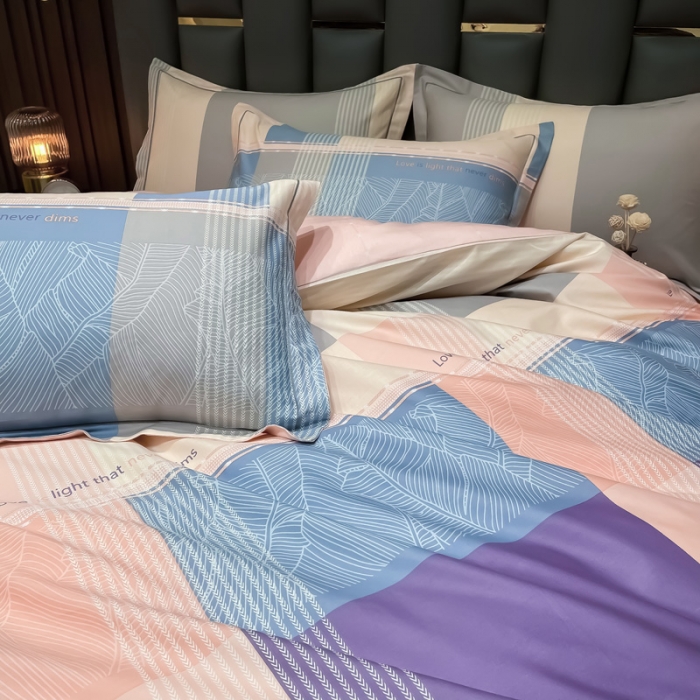 91家纺网 家纺一手货源 找家纺 金爱家 2023新款全棉13372简约条格四件套 丽瑞-粉