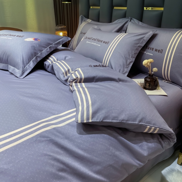 91家纺网 家纺一手货源 找家纺 金爱家2023新款全棉13372简约条格四件套 米兰微风-灰
