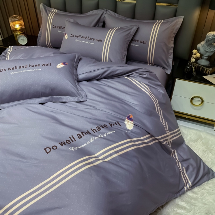 91家纺网 家纺一手货源 找家纺 金爱家2023新款全棉13372简约条格四件套 米兰微风-灰