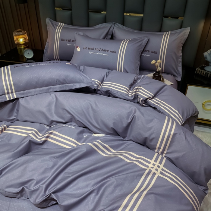 91家纺网 家纺一手货源 找家纺 金爱家2023新款全棉13372简约条格四件套 米兰微风-灰