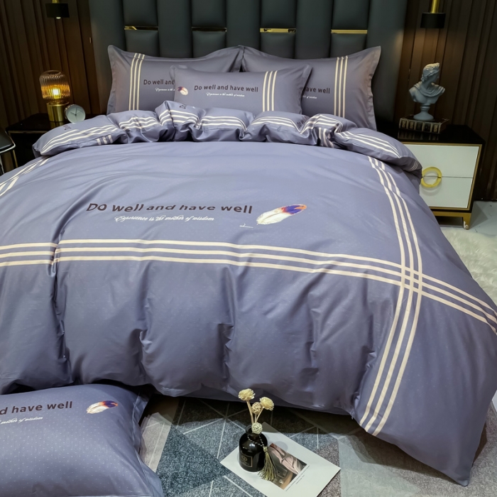 91家纺网 家纺一手货源 找家纺 金爱家2023新款全棉13372简约条格四件套 米兰微风-灰