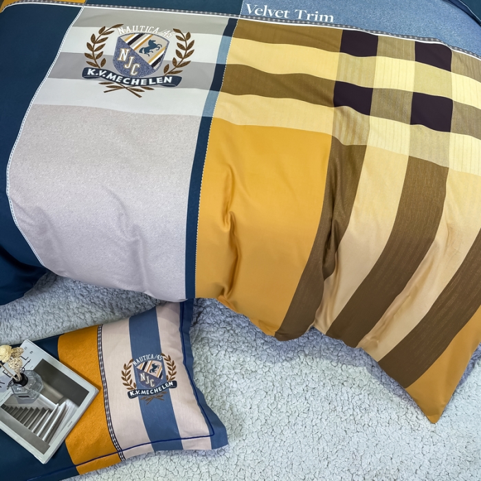 91家纺网 家纺一手货源 找家纺 金爱家 2023新款全棉13372简约条格四件套 摩登