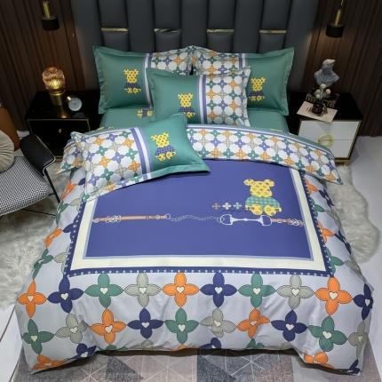 金爱家 2023新款全棉13372简约条格四件套 绅士熊-绿