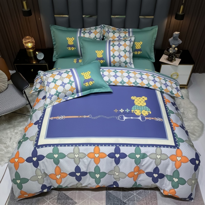 91家纺网 家纺一手货源 找家纺 金爱家 2023新款全棉13372简约条格四件套 绅士熊-绿