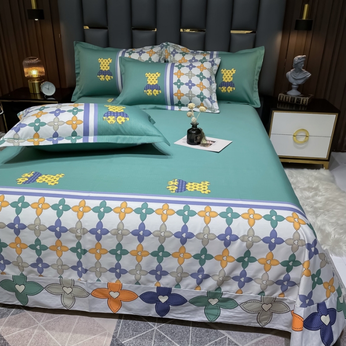 91家纺网 家纺一手货源 找家纺 金爱家 2023新款全棉13372简约条格四件套 绅士熊-绿