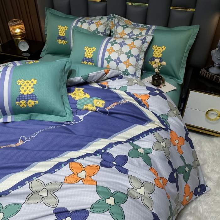 91家纺网 家纺一手货源 找家纺 金爱家 2023新款全棉13372简约条格四件套 绅士熊-绿