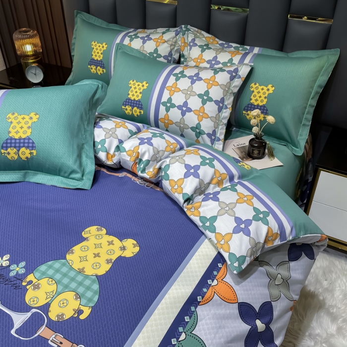 91家纺网 家纺一手货源 找家纺 金爱家 2023新款全棉13372简约条格四件套 绅士熊-绿