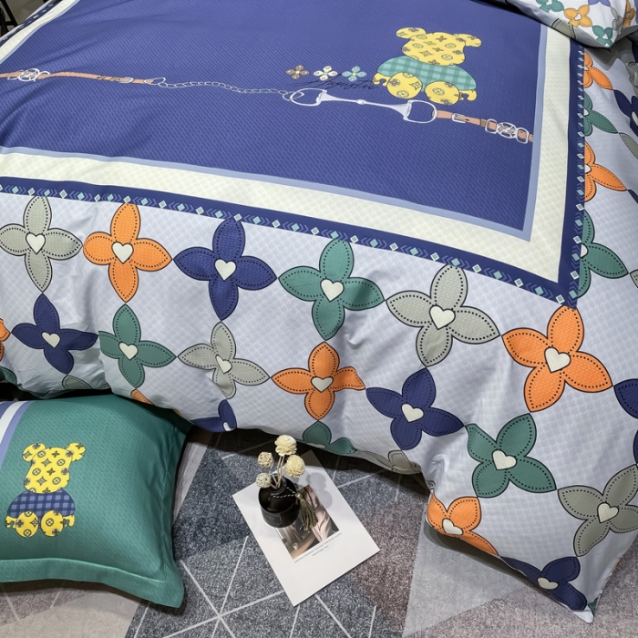 91家纺网 家纺一手货源 找家纺 金爱家 2023新款全棉13372简约条格四件套 绅士熊-绿