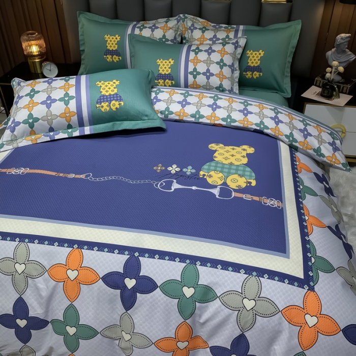 91家纺网 家纺一手货源 找家纺 金爱家 2023新款全棉13372简约条格四件套 绅士熊-绿