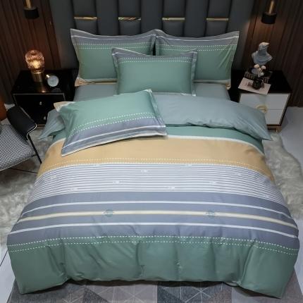金爱家 2023新款全棉13372简约条格四件套 往事-绿