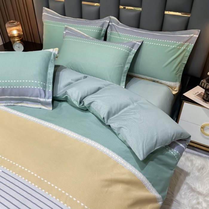 91家纺网 家纺一手货源 找家纺 金爱家 2023新款全棉13372简约条格四件套 往事-绿