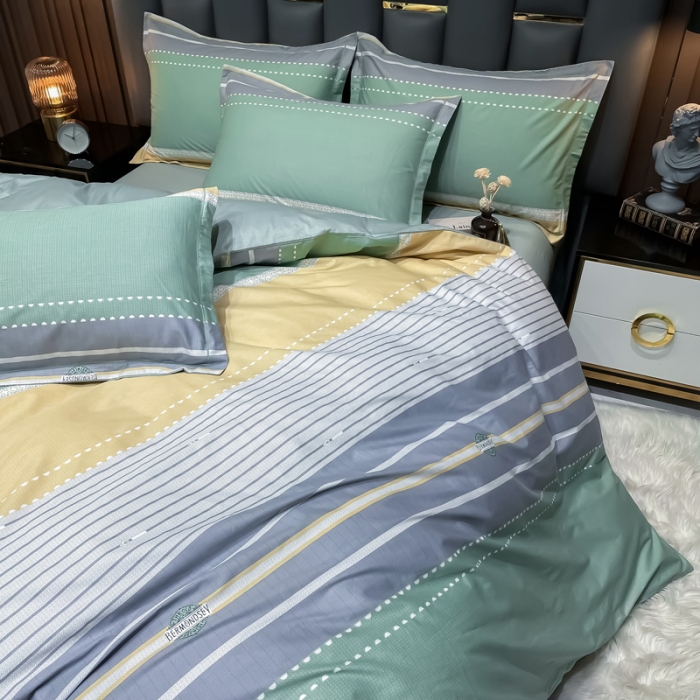 91家纺网 家纺一手货源 找家纺 金爱家 2023新款全棉13372简约条格四件套 往事-绿