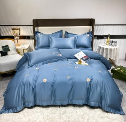 91家纺网 家纺一手货源 找家纺 博纳 2022新款水洗真丝四件套-山茶花系列 宾利蓝