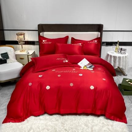 91家纺网 家纺一手货源 找家纺 博纳 2022新款水洗真丝四件套-山茶花系列 大红