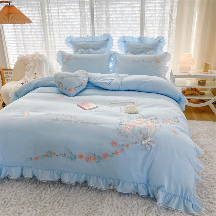 91家纺网 家纺一手货源 找家纺 艾晶美家纺 2022新款莱赛尔天丝泡泡纱绣花四件套 巴黎春天-冰蓝