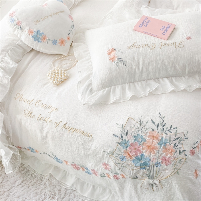 91家纺网 家纺一手货源 找家纺 艾晶美家纺 2022新款莱赛尔天丝泡泡纱绣花四件套 巴黎春天-奶白