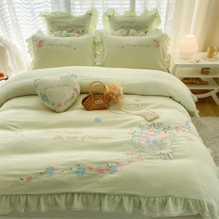 91家纺网 家纺一手货源 找家纺 艾晶美家纺 2022新款莱赛尔天丝泡泡纱绣花四件套 巴黎春天-嫩绿