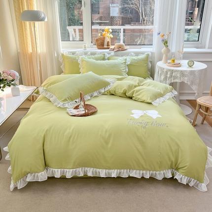 91家纺网 家纺一手货源 找家纺 沐慕 22新款水洗真丝刺绣花边四件套 幸运蝴蝶结-果绿