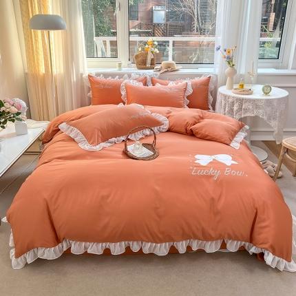 91家纺网 家纺一手货源 找家纺 沐慕 22新款水洗真丝刺绣花边四件套 紫幸运蝴蝶结-桔色