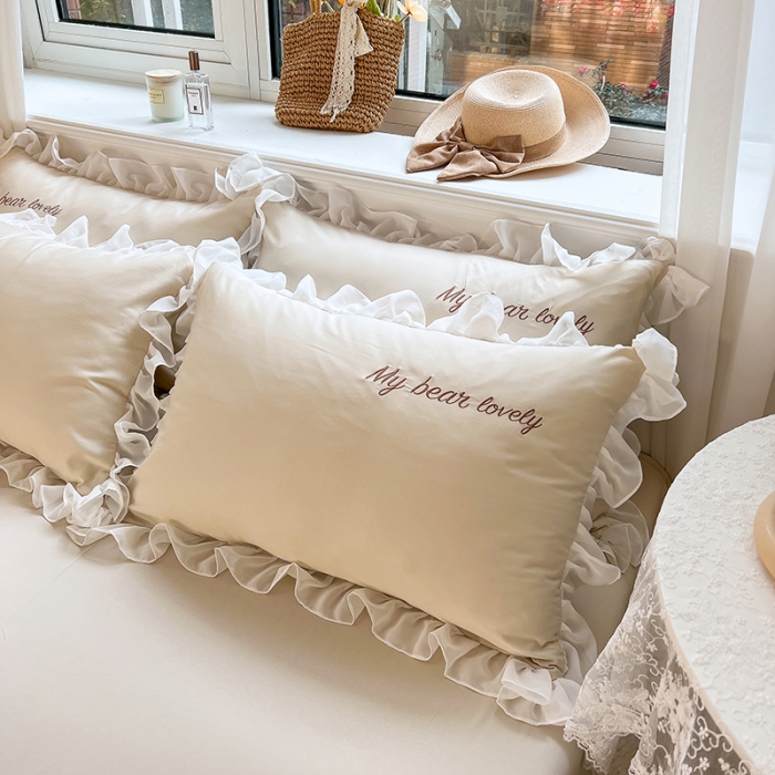 91家纺网 家纺一手货源 找家纺 沐慕 22新款水洗真丝刺绣花边四件套 可爱小熊-玉白