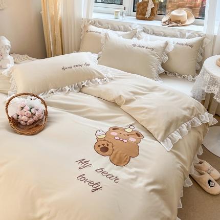 沐慕 22新款水洗真丝刺绣花边四件套 可爱小熊-玉白
