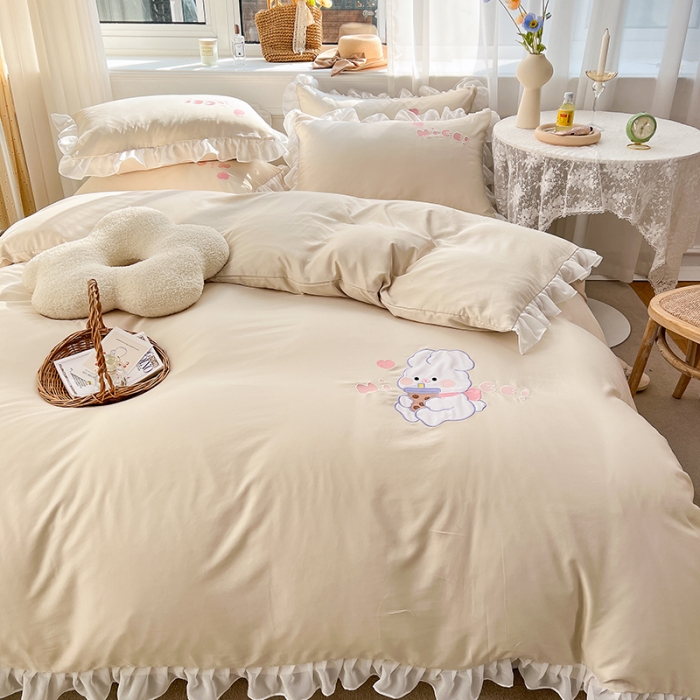 91家纺网 家纺一手货源 找家纺 沐慕 22新款水洗真丝刺绣花边四件套 奶茶小兔-玉白