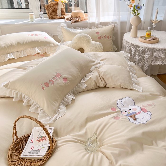 91家纺网 家纺一手货源 找家纺 沐慕 22新款水洗真丝刺绣花边四件套 奶茶小兔-玉白